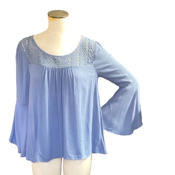 Haute Hippie BOHO Gauze & Lace Long Bell Sleeve Top M Blue 148B - Picture 1 of 8